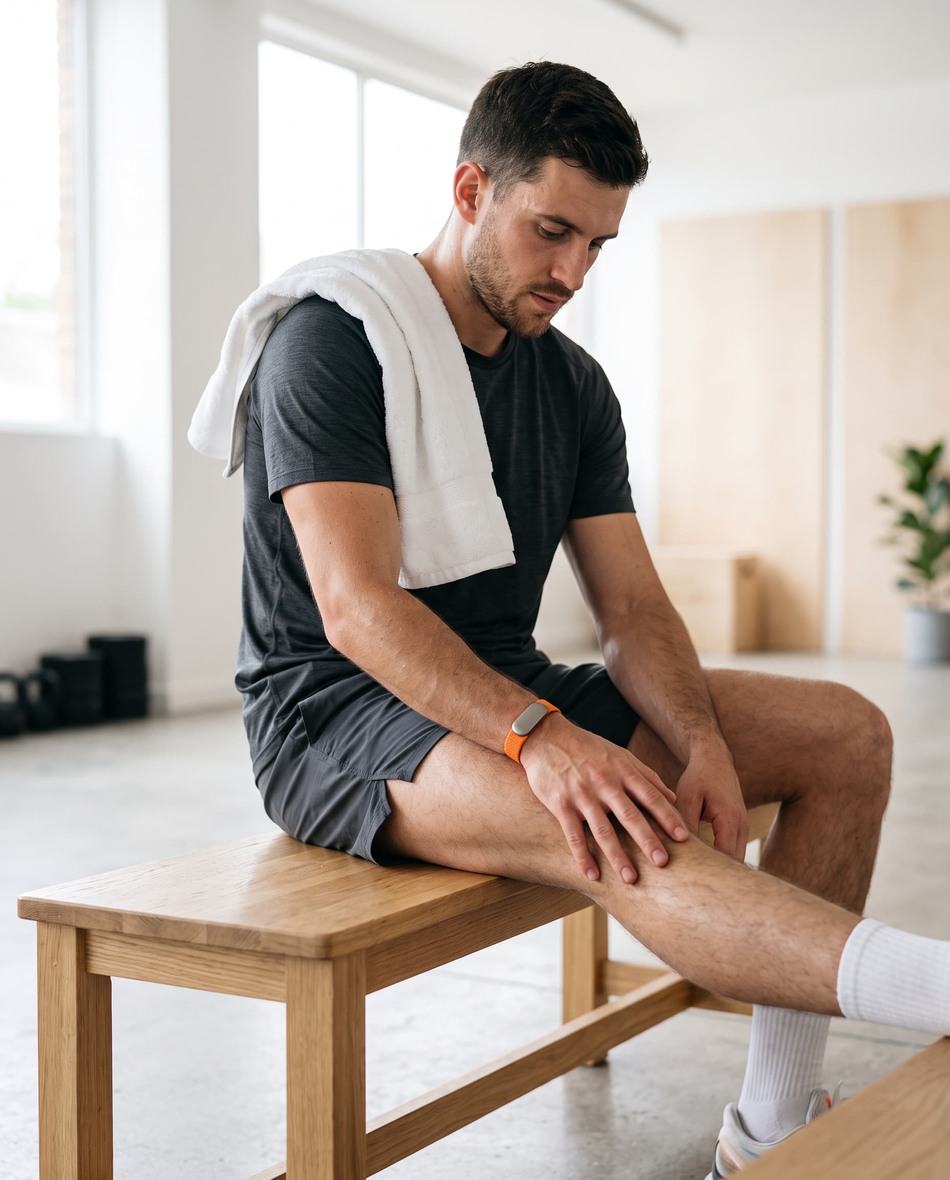 An athlete stretching after training while wearing an orange PACE Band